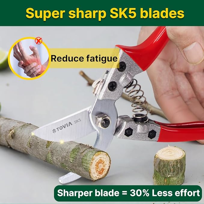 T TOVIA Easy-Cut Bypass Pruning Shears for Gardening– Durable Aluminum hand Pruners with Sharp SK5 Blades, Smart Lock, Ergonomic Grip, Essential Garden Scissors Clippers for 1” Branch Trimming