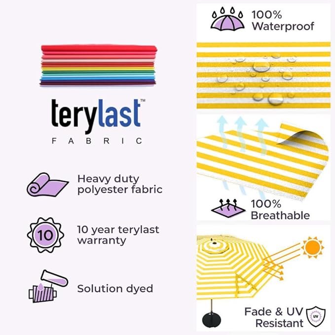 Midtown Umbrellas Wooden 2-8 Feet Outdoor Patio Umbrella, Terylast White & Yellow Stripes Fabric, Aluminum Frame For Backyard Umbrella, Deck Umbrella, Garden Umbrella & Pool Umbrella - Wooden Pole