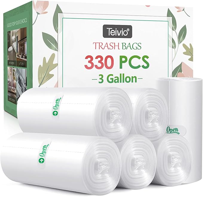 3 Gallon 330 Counts Strong Trash Bags Garbage Bags by Teivio, Bathroom Trash Can Bin Liners, Small Plastic Bags for home office kitchen (Clear)
