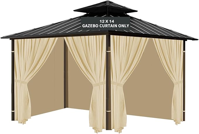 Gazebo Universal Replacement Privacy Curtain, 12'X14' Gazebo Curtains Outdoor Waterproof, 4-Panels Sidewall with Zipper for Patio, Garden and Backyard (Only Curtains, 12'X14', Khaki)