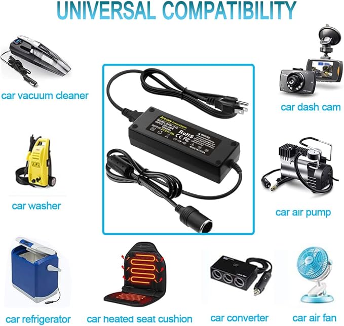 AC to DC Converter, 100V ~ 240V to 12V 10A 120W, Car Cigarette Lighter Socket AC/DC Power Supply Adapter Transformer for Tire Inflator, Car Refrigerator, Car Vacuum Cleaner, and Other Car Devices