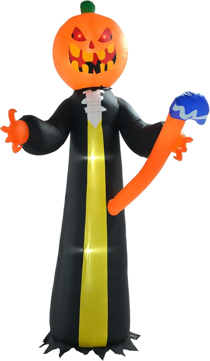 10ft Inflatable Halloween Decoration Pumpkin Head Ghost with Hammer, Waterproof Outdoor Decorations, Blow Up LED Yard Decor for Garden, Lawn, Party, Holiday