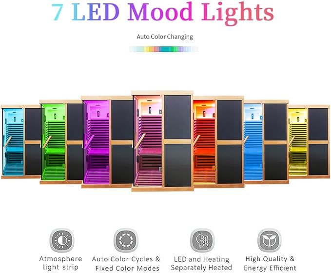 2 Person Sauna Infrared Saunas APP Control 7 Color Light 1980W Wooden Home Spa Room Canadian Hemlock Wood Low-EMF Indoor Saunas 47.2 * 47.2 * 75.6inch