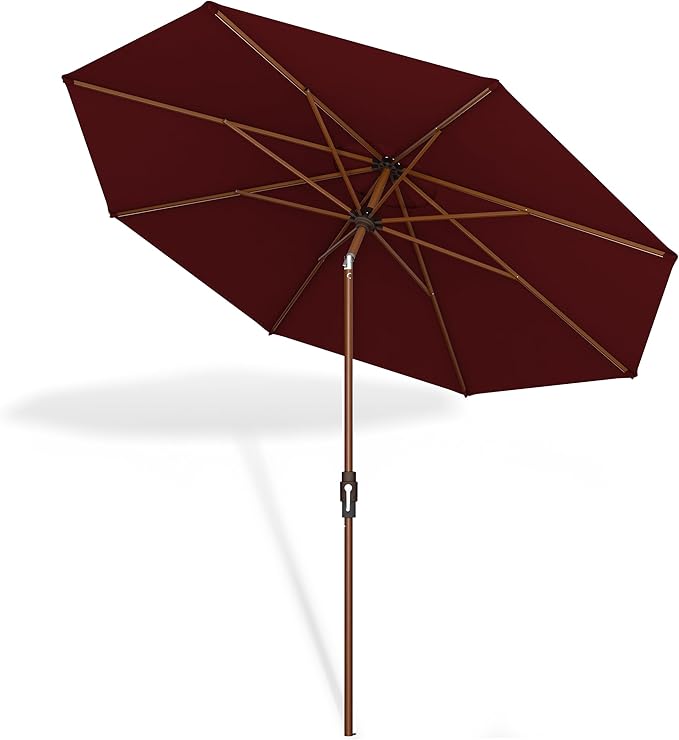 Midtown Umbrellas The Wooden 2-9 Feet Patio Umbrella in Sunbrella Burgundy Acrylic Fabric - Auto-Tilt Aluminum Frame For Backyard, Deck, Garden, Pool - White Pole