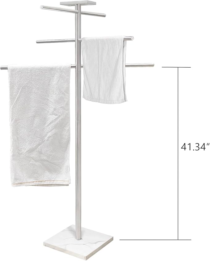 Marble Base Towel Rack for Swimming Pool, Hot Tub Or Spa, 304 Stainless Steel 6 Arms Standing Towel Holder with Tray for Indoor or Outdoor Towel Sheet Drying Rack Brushed Nickel