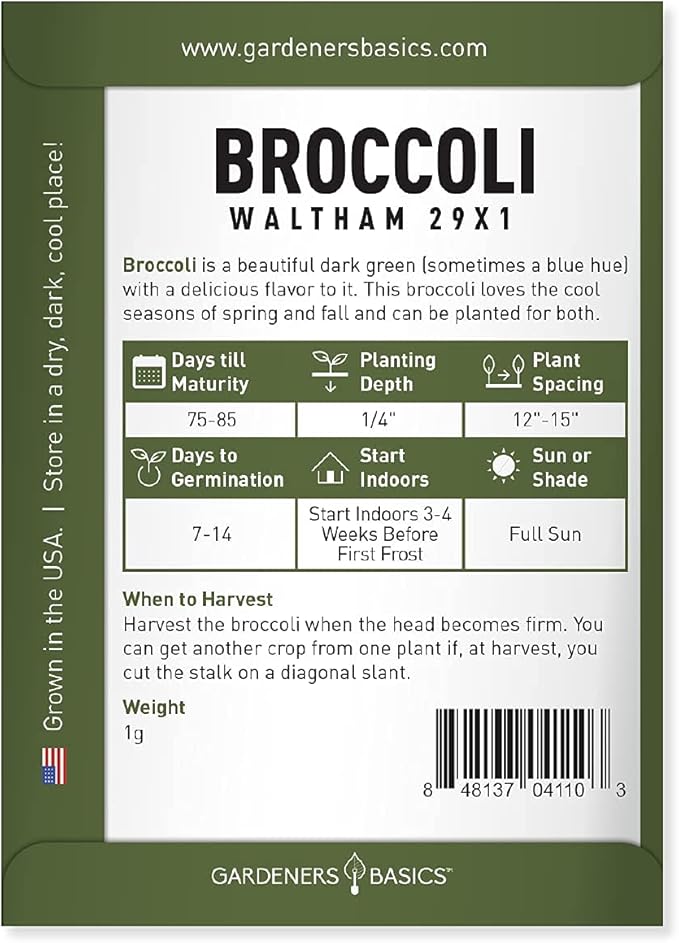 Gardeners Basics, Broccoli Seeds for Planting is A Great Heirloom, Non-GMO Vegetable Variety- 1 Gram Seeds Great for Outdoor Spring, Winter, and Fall Gardening