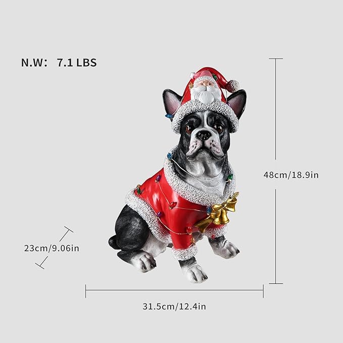 Christmas Outdoor Decoration Dog Statue, LED Light Cute French Bulldog Sculpture with Santa Outfit & Lights for Garden and Yard, Indoor Holiday Décor Gift for mom and dad