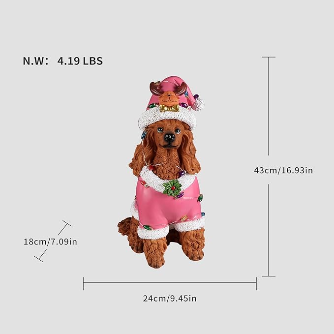 Christmas Decorations Outdoor Dog Statue, Resin Poodle Dog Sculpture with Pink Christmas Santa Outfit & Lights, Battery Operated Indoor Holiday Décor Gift for mom