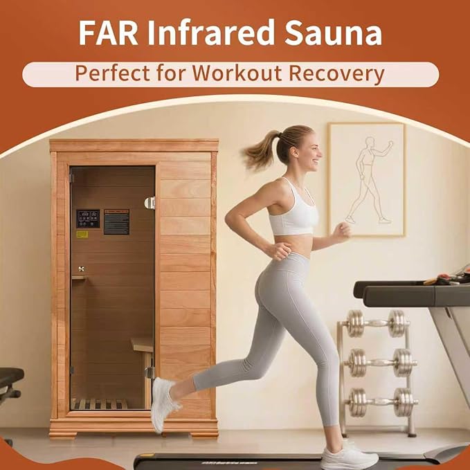 Far Infrared Sauna Room for 1 Person, Low EMF 960W/120V with Elevated Base, 6 Heating Panels, Built-in Speakers, Tea Tray, Control Panel, 35 × 27 × 61 Inch (35 * 27 * 61 Inch)