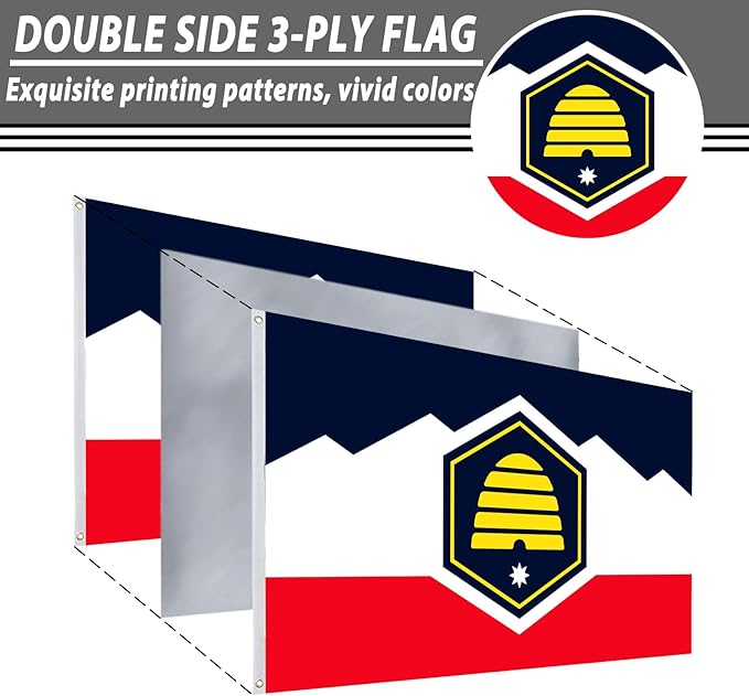 FLAGWIN New Utah Flag 3x5 FT - 3 Ply Double Sided Polyester Flag with Brass Grommets - Vivid Color and Fade Proof State of New Utah Flags 3x5 Outdoor