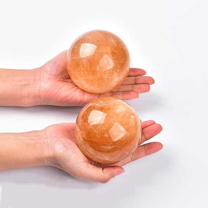 JIC Gem Stripe Orange Calcite Sphere Ball 3.5inch with Wood Stand for Fengshui Healing and Decoration