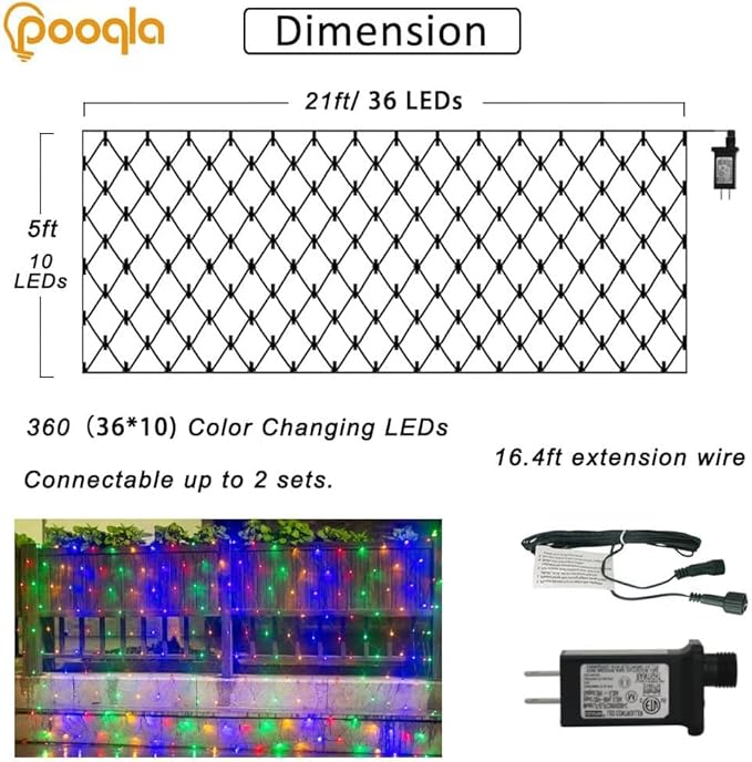 21ft x 5ft 360 LED Colorful Christmas Net Lights, 8 Modes Connectable Outdoor String Lights for Yard, Garden, Party Decor