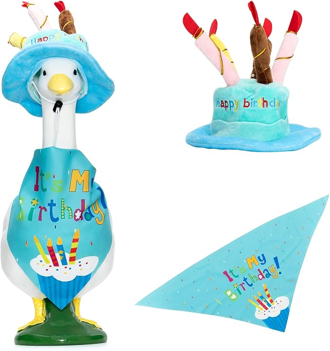 2 Set Porch Goose Outfits Hawaiian Summer Costume with Straw Hat and Glasses and Happy Birthday Outfit with Cake Hat and Bandana for 23" 17" Cement Plastic Goose Duck Lawn Decorations
