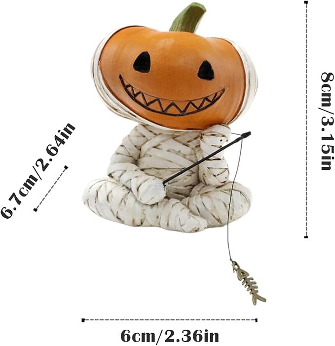 Fishing Pumpkin Head Mummy Statue Funny Halloween Decorations, 3.15 Inch Cute Sitting Figurine Shelf Sitter Resin Sculpture for Outdoor Garden Yard Lawn Pond Waterfalls Pool Ornaments