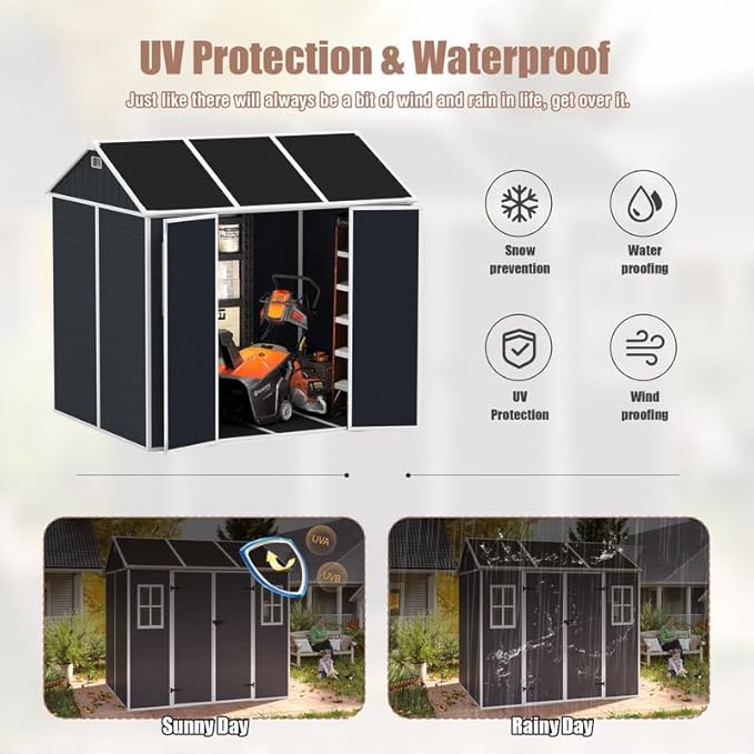 8x7 FT Resin Outdoor Storage Shed with Floor and Window, Outside Waterproof Plastic Garden Sheds w/Lockable Door & Vents, All-Weather Tool House for Patio, Backyard, Lawn, Dark Gray