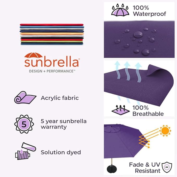 Midtown Umbrellas Sunbrella Umbrella Outdoor Patio Umbrella 2-8 Feet in Bengali Purple Acrylic Fabric - Auto-Tilt Aluminum Frame For Backyard Umbrella, Deck Umbrella & Porch Umbrella - Wooden Pole