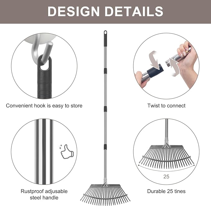 KeFanta Garden Leaf Rakes, Rake for Leaves Heavy Duty 25 Metal Tines 18.5" Wide, 62" Adjustable Long Handle Rakes for Lawns Yard Grass Flower Beds