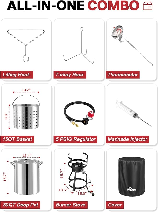 30QT Outdoor Turkey Fryer Set | Stainless Steel | Cover & Basket Included | 50,000BTU Propane Gas Burner | Seafood Boil Pot | Perfect Outdoor Cooker for Turkey, Crawfish, Crab, Shrimp & Lobster