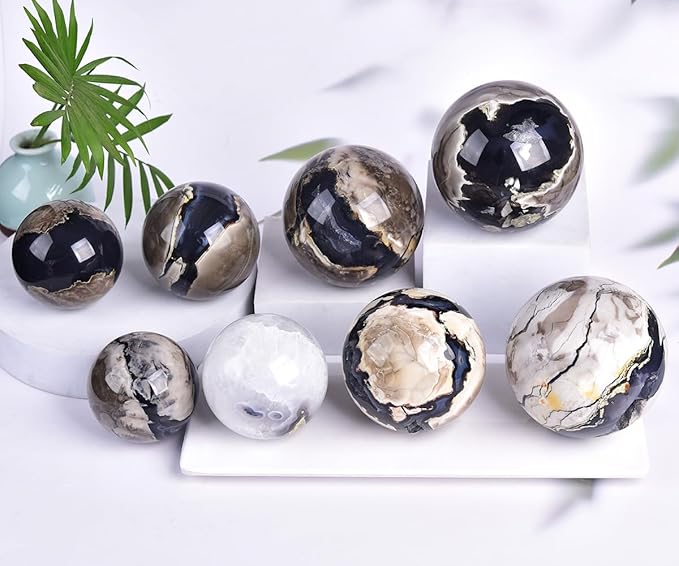 JIC Gem Volcanic Agate Crystal Sphere Large Quartz Crystal Ball with Stand Healing Ornament Witchcraft Meditation Decor 2.3-2.7 inch(60-70mm)