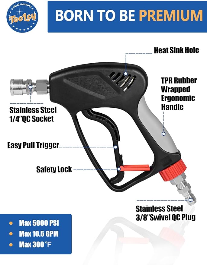 TOOLCY Pressure Washer Short Gun with Stainless Swivel & QC, 304 Stainless Steel 3/8" Plug & 1/4" Quick Connect, Commercial Grade, Max 5000 PSI / 10.5 GPM, Premium Power Washer Gun for Car Detailing