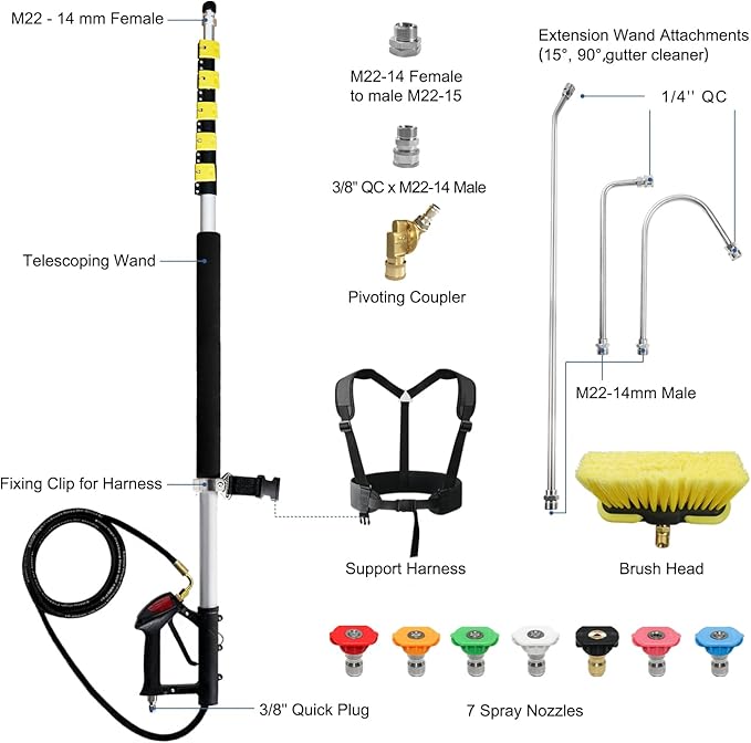 JANZ 25 FT Pressure Washer Telescoping Wand with Power Washer Extension Wands, Brush Head, Gutter Cleaner, 7 Spray Nozzle Tips, 2 Hose Adapters and Support Belt