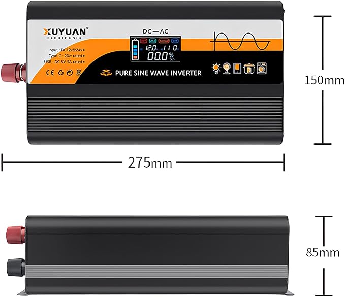 1500W Pure Sine Wave Inverter (3000W Peak), 12V/24V Auto-Detect, 50Hz/60Hz Switchable, LCD Display, Type-C Fast Charging, Silent Design, Overload & Overheat Protection for RV, Home (Black-1500W)