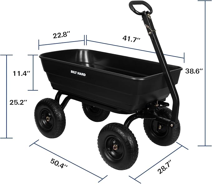 BILT HARD 1200 lbs 7 Cu Ft Poly Garden Dump Cart with 2-in-1 Convertible Handle, No Flat Tires, Quick Release, Dump Wagon Heavy Duty for Yard, Outdoor
