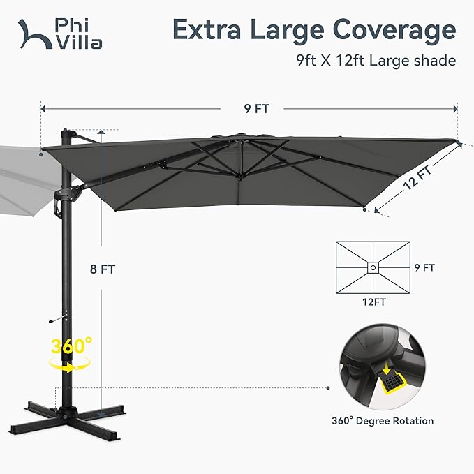 PHI VILLA 9'x 12' Cantilever Patio Umbrella with Crank Handle, 6-Level Tilt & 360° Rotation, Aluminum Square Outdoor Offset Umbrella Windproof & Crashproof for Garden, Deck, Pool (Grey)