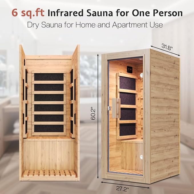 Jocisland 1 Person Infrared Sauna – 746W/110V Red Light, Pre-Warms to 149℉ in 15 Minutes, 106lbs Lightweight Spruce Wood Infrared saunas, Compact Dry Sauna for Home Spa & Apartments