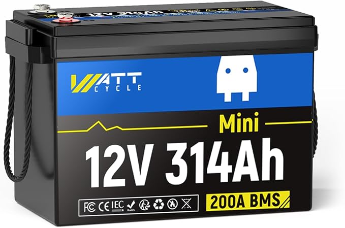 Wattcycle 12V 314Ah Mini LiFePO4 Lithium Battery, 200A BMS & 4.01kWh Energy, Upgraded Cooling Fins & Braided Wires, 4000+ Cycles, Ideal for RV, Marine, Camping, Solar Off-Grid