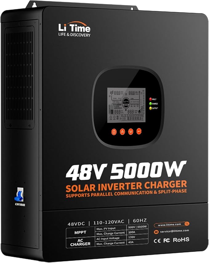 LiTime 5000W Solar Inverter Charger, 48V DC to 120V AC Pure Sine Wave Inverter, Parallel Split-Phase for 240V, Build in 100A MPPT Solar Charger Controller for Home Backup, Off-Grid, Farm