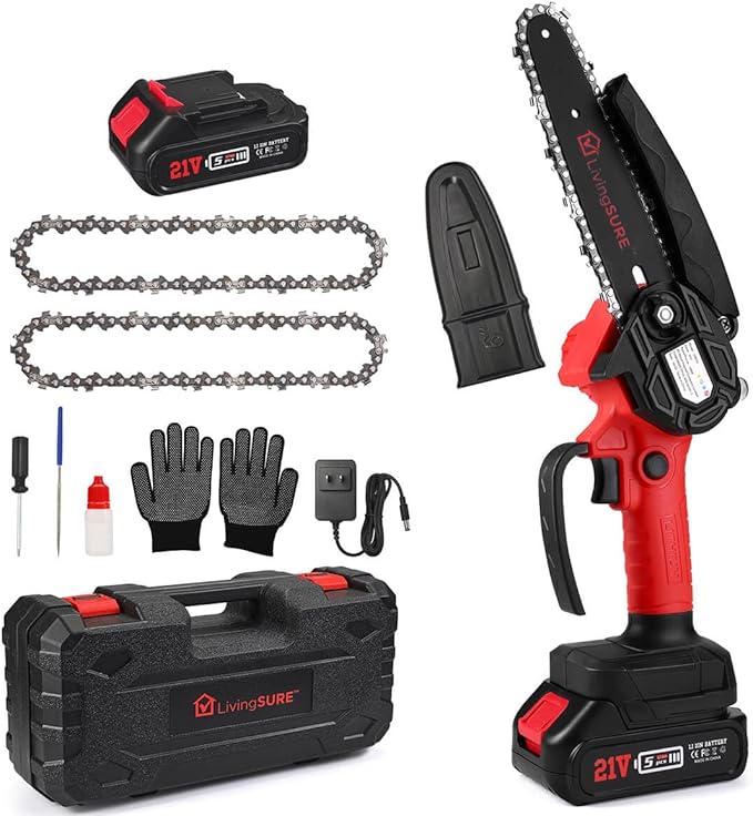 LivingSURE Mini Cordless Rechargeable Chainsaw Kit – 21V Handheld Electric Saw with 2 Batteries, Safety Features & Accessories – Lightweight 6" Bar for Tree Trimming, Firewood & Garden DIY Tasks