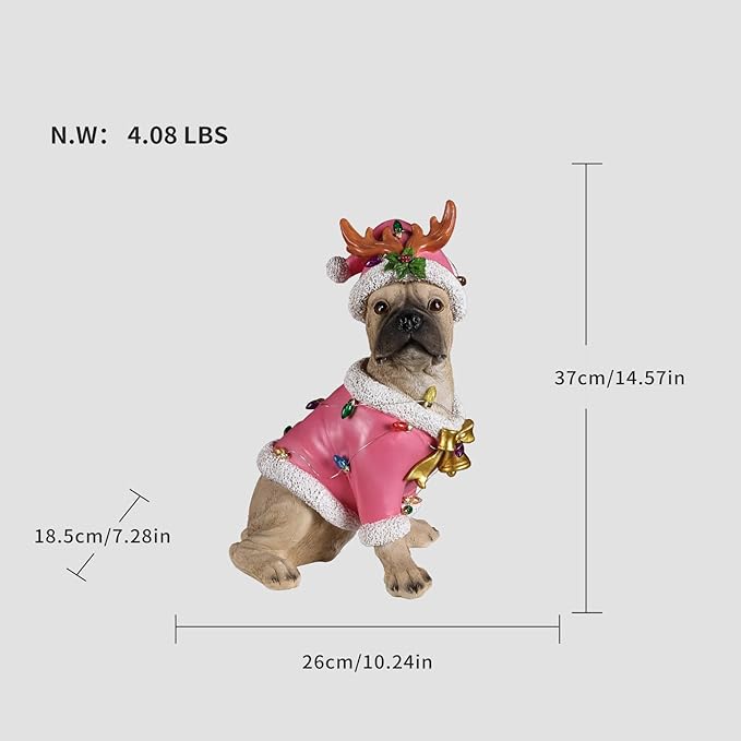 Christmas Outdoor Decoration Dog Statue, LED Light Cute English Bulldog Sculpture with Pink Santa Outfit & Lights for Garden and Yard, Indoor Holiday Décor Gift for mom and dad