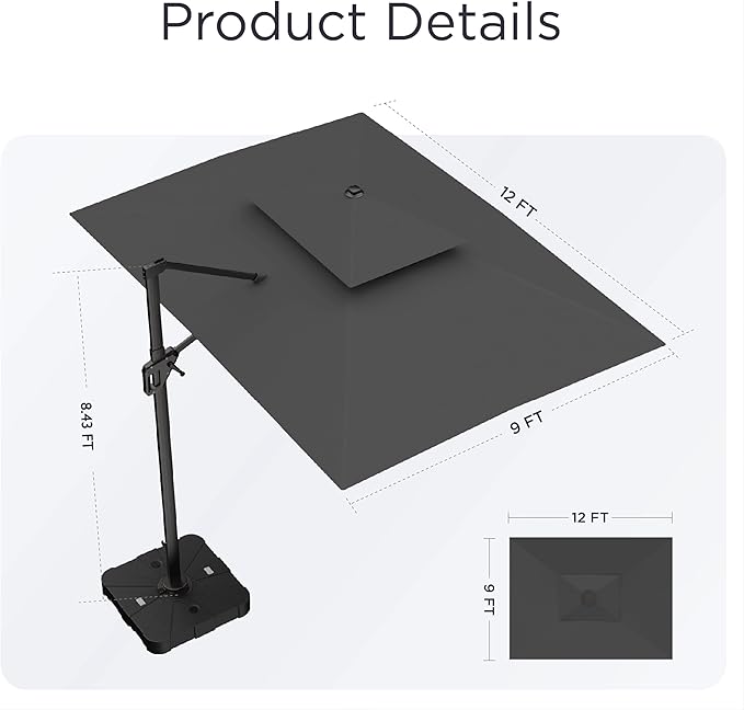 9' X 12' Cantilever Patio Umbrella with Base Included 360°Rotation Rectangular Outdoor Large Offset Umbrellas Double Top Heavy Duty Windproof for Garden Deck Pool, Grey