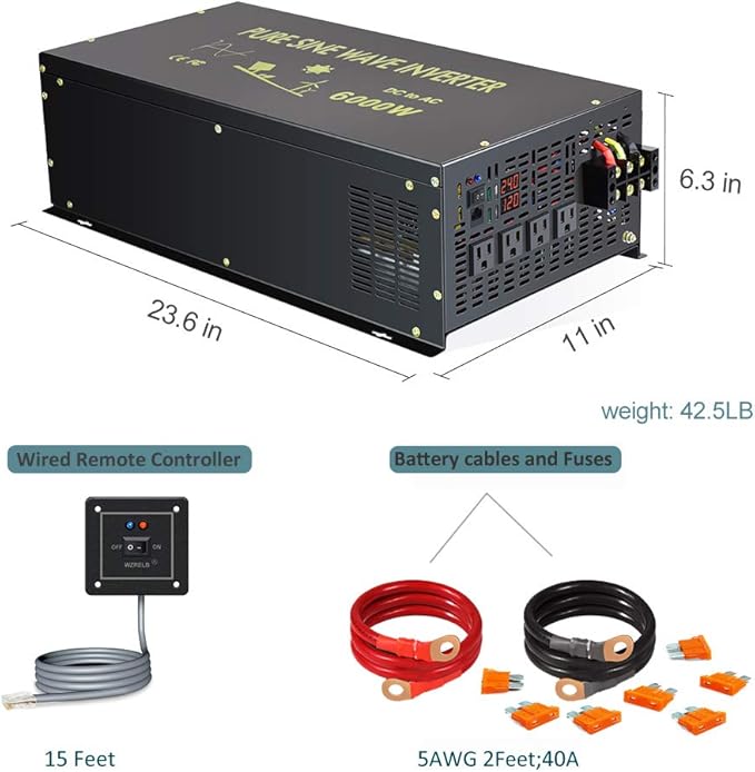 WZRELB 6000W 24V 120V Pure Sine Wave Power Inverter 4 AC Outlets Wired Remote Control,RV, Camping