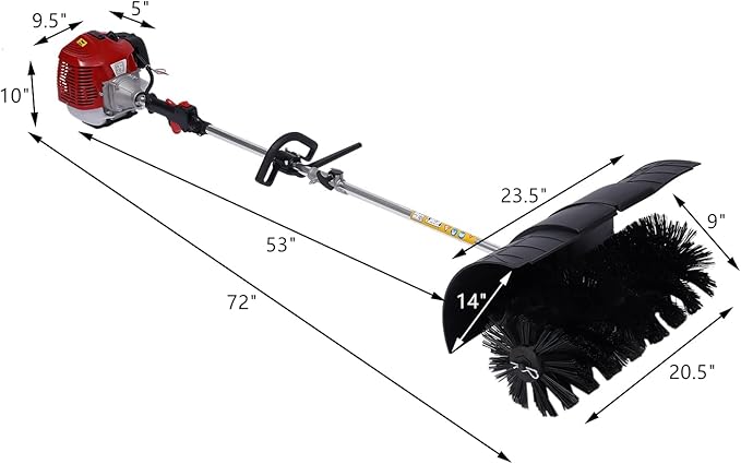 2.3HP Handheld Sweeper 52CC 2 Stroke Gasoline Power Sweeper Outdoor Sweeping Broom Walk Behind Sweeper Cleaner with a Blower Artificial Turf Lawns Driveway Cleaning Tool