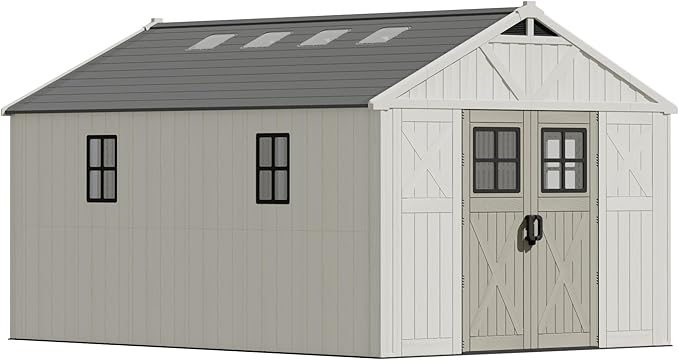 Devoko 10 x 14 FT Resin Outdoor Storage Shed, Extra Large Plastic Shed with Skylight, Floor and Lockable Door, Storage Bike, Tools, Lawn Mower for Garden, Backyard, Patio, Beige