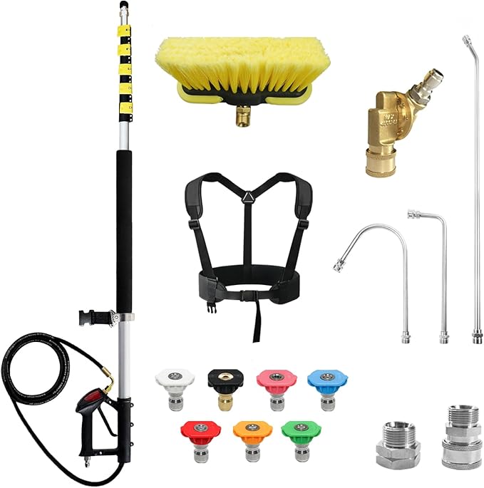 RAYNEL 25FT Telescoping Pressure Washer Extension Wand with Brush Head,2 Power Washer Extension Wands, Gutter Cleaner Attachment,7 Spray Nozzle Tips,Support Belt and 2 Hose Adapters