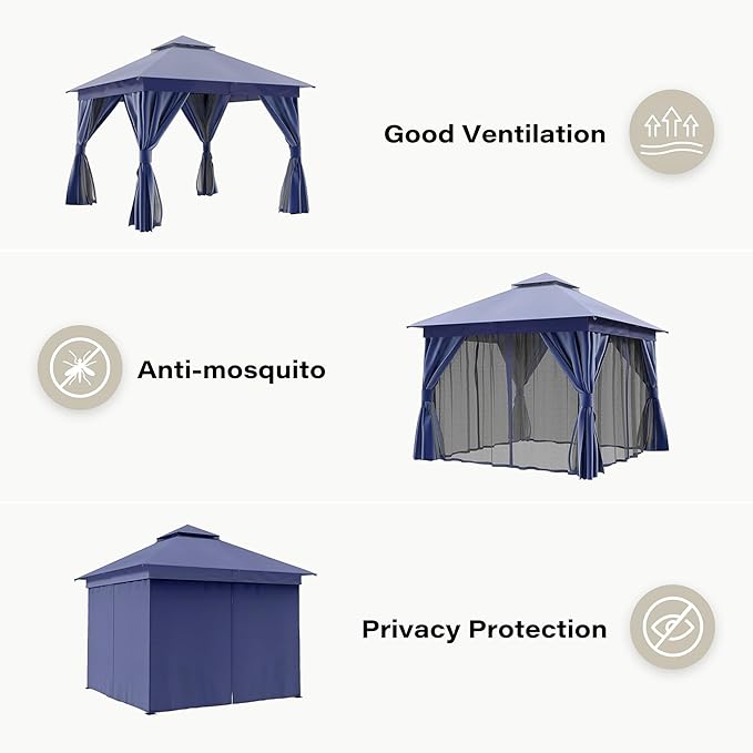 Outdoor Patio Gazebo 10FT, Heavy Duty Party Tent & Shelter with 2-Tier Roof and Expansion Bolts, Mosquito Nettings and Privacy Screens for Backyard, Garden, Poolside, Navy Blue