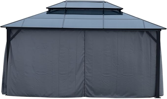 KEIKI 12 * 16FT Permanent Hardtop Gazebo with Netting and Curtains, Double Roof Waterproof Pergola Sunshade Pavilion for Outdoor Patio Lawn Backyard and Garden, Aluminum Frame Polycarbonate Canopy