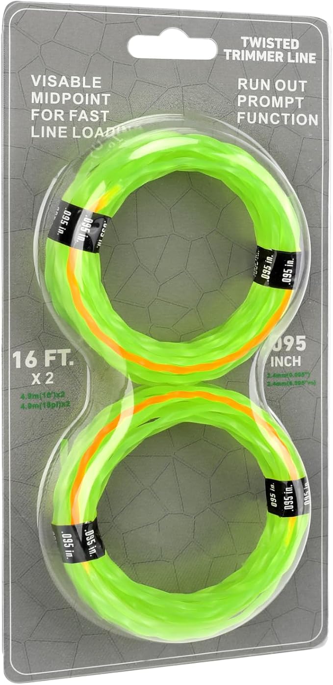 2-Pack 095 Trimmer Line Heavy Duty, Professional Twisted Weed Wacker String for Gas and Electric Grass Trimmer and Brushcutters, Pre-Cut Dual Color 3-section Fast-positioning Twisted Trimmer Line 14FT