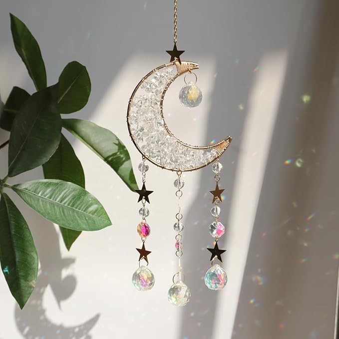 Moon Suncatcher Hanging Decor, Boho Chic Clear Quartz Crystal Sun Catcher, Spritual Sun Light Catcher for Windows, Crescent Moon Housewarming Gift(Clear Quartz)