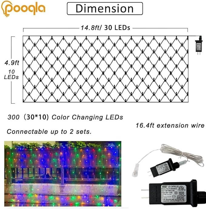 Colorful Net Lights Outdoor, 300 LED Christmas Net Mesh Lights for Bushes 14.8x4.9ft, 8 Modes Waterproof Twinkle String Light Connectable for Halloween Hedge Yard Garden Party Decor