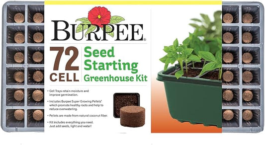 Burpee Greenhouse Indoor Starting Herbs, Flowers and Vegetables | Includes Dome, Watering, Seed Starter Tray, Coir Pellets | 10" W x 20" L x 5" H, One Size, 1 Kit (72 Cells)