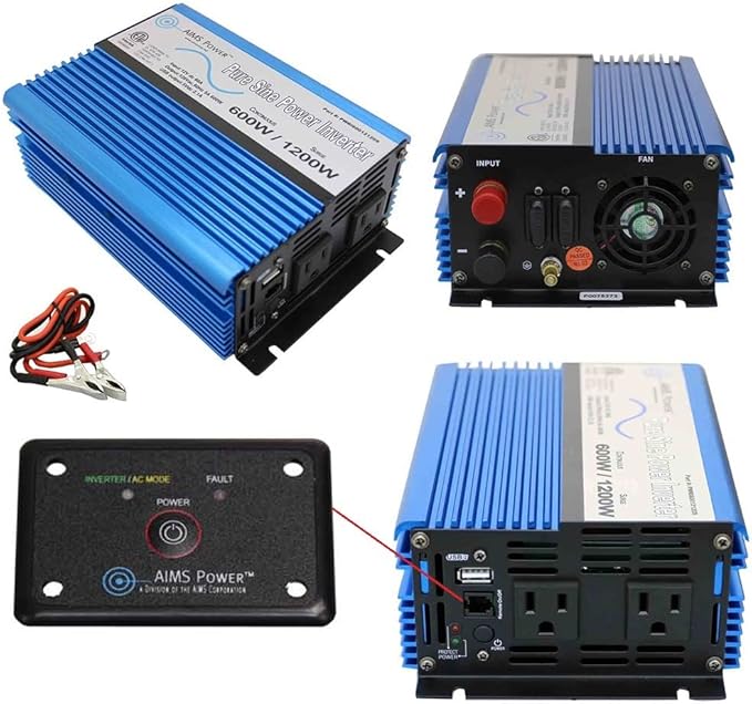 AIMS Power 600 Watt / 1200 Watt Peak Pure Sine Power Inverter 12 Volt DC to 120 Volt AC ETL Listed with Remote