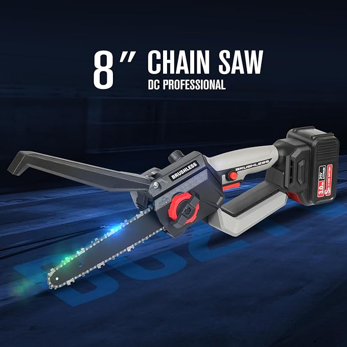 Mini Chainsaw, 8 Inch 1150W 5000RPM Brushless Handheld Electric Chain Saw with Chain Guide Plate 2x3.0A Batteries for Outdoor Home Garden Orchard Pruning