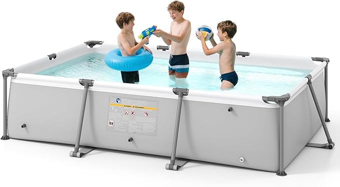 GYMAX 10' x 6.8' x 26" Metal Frame Above Ground Swimming Pool, Outdoor Backyard Famliy Pool w/Puncture-Resistant Fabric, Drainage Valve Connector for Kids & Adults (10' x 6.8' x 26", Rectangle, Grey)