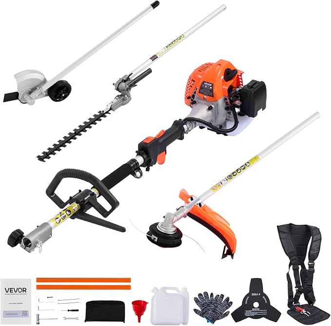 Gas Hedge Trimmer VEVOR, 26cc 2-Cycle Handheld 4-in-1 Trimmer Kit with Hedge Trimmer, Weed Eater/String Trimmer, Edger & Brush Cutter, Includes Protective Gear for Shrubs & Bushes