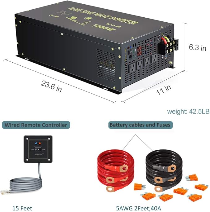 WZRELB 7000W 12V 120V Pure Sine Wave Power Inverter 4 AC Outlets Wired Remote Control,RV, Camping (RBH-700012WR)