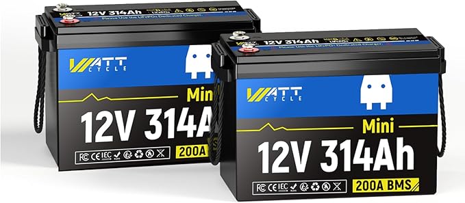 Wattcycle 12V 314Ah Mini LiFePO4 Lithium Battery, 200A BMS & 4.01kWh Energy, Upgraded Cooling Fins & Braided Wires, 4000+ Cycles, Ideal for RV, Marine, Camping, Solar Off-Grid (2-Packs)